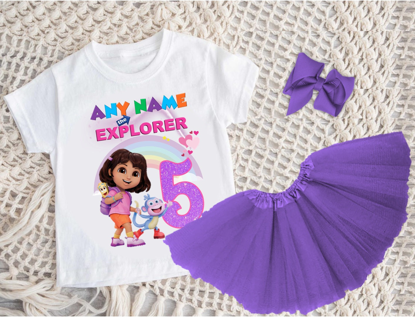 Dora the Explorer Tutu Set Girls Personalized Custom Purple 3 Layer Tutu Outfit Dress Theme Cake Smash Birthday Party