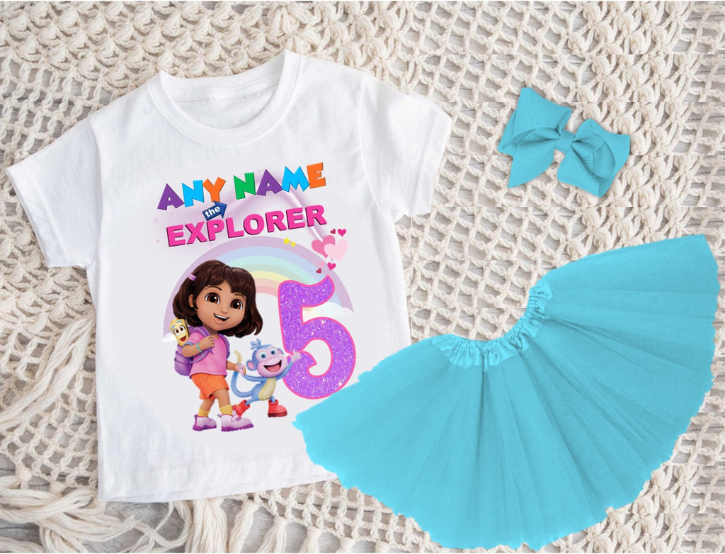 Dora the Explorer Tutu Set Girls Personalized Custom Blue 3 Layer Tutu Outfit Dress Theme Cake Smash Birthday Party