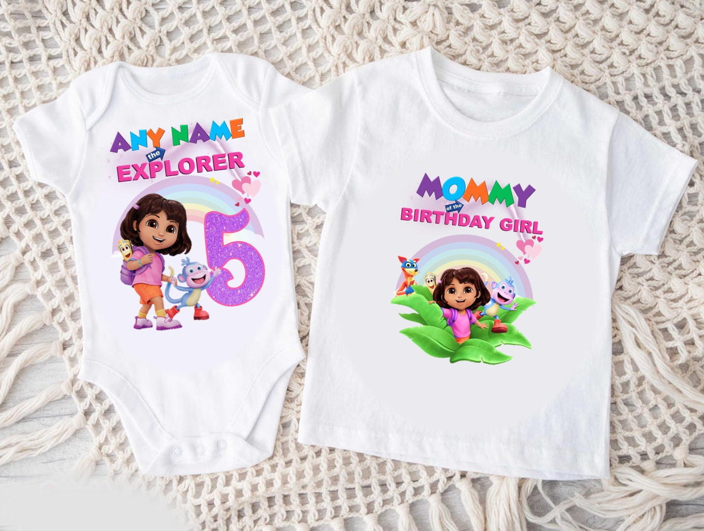 Dora the Explorer Personalized Custom White Family T-Shirt or Onesie Pack Theme Cake Smash Birthday Party
