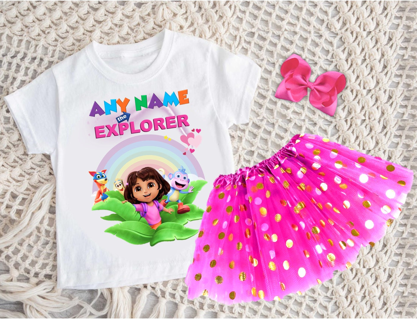Dora the Explorer Tutu Set Girls Personalized Custom Hot Pink Gold Polka Dots Tutu Outfit Dress Theme Cake Smash Party
