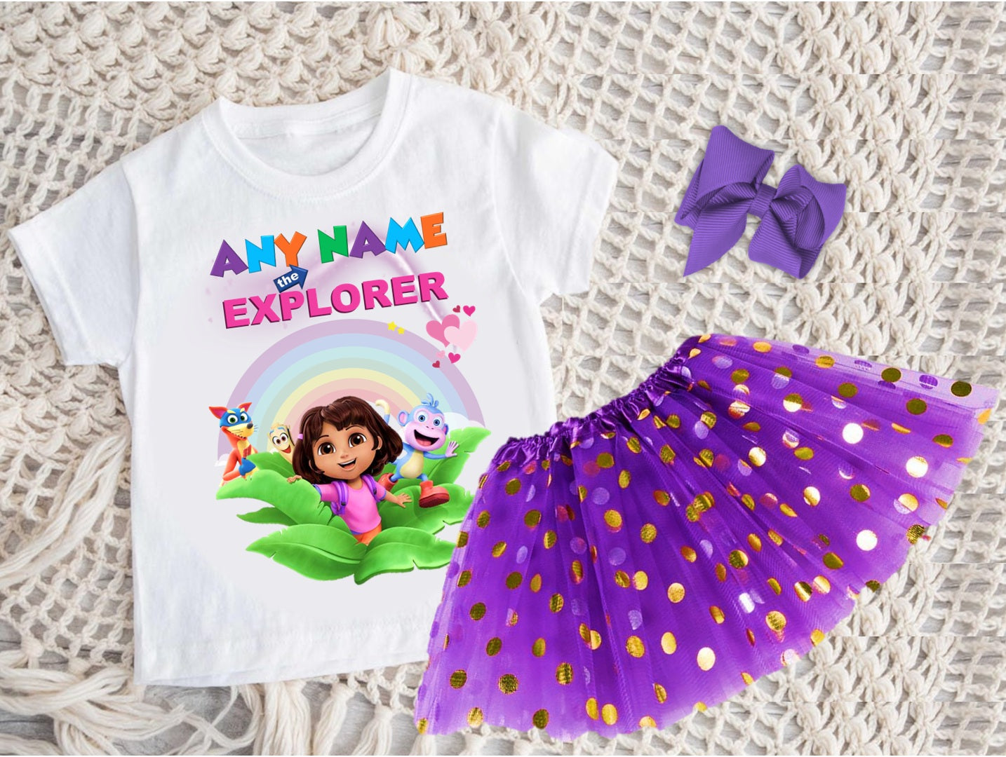Dora the Explorer Tutu Set Girls Personalized Custom Purple Gold Polka Dots Tutu Outfit Dress Theme Cake Smash Party