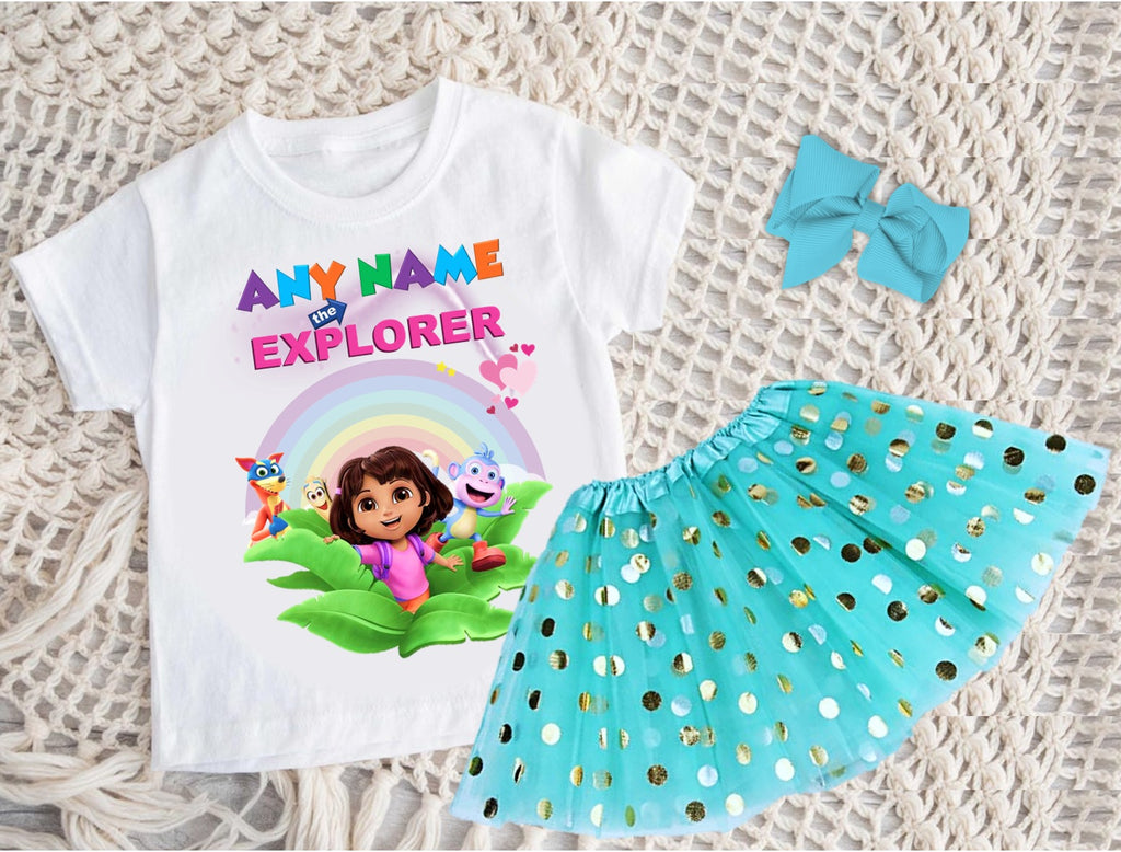Dora the Explorer Tutu Set Girls Personalized Custom Aqua Blue Gold Polka Dots Tutu Outfit Dress Theme Cake Smash Party