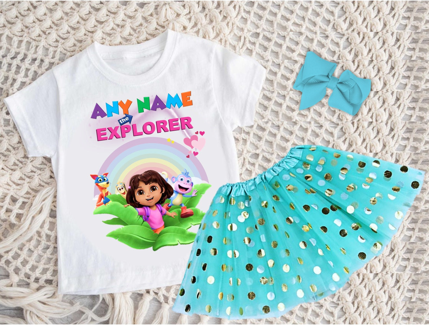 Dora the Explorer Tutu Set Girls Personalized Custom Aqua Blue Gold Polka Dots Tutu Outfit Dress Theme Cake Smash Party