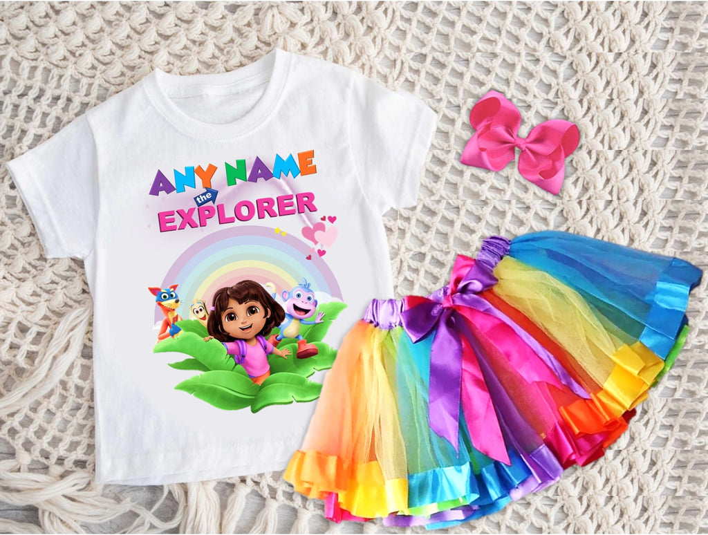 Dora the Explorer Tutu Set Girls Personalized Custom Rainbow Ribbon Tutu Outfit Dress Theme Cake Smash Party
