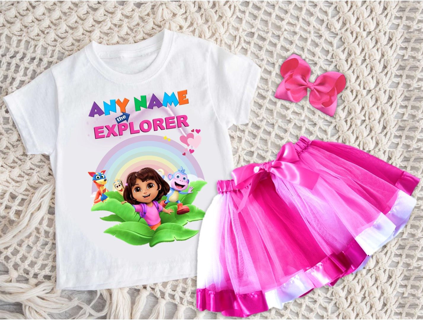 Dora the Explorer Tutu Set Girls Personalized Custom Hot Pink White Pink Ribbon Tutu Outfit Dress Theme Cake Smash Party