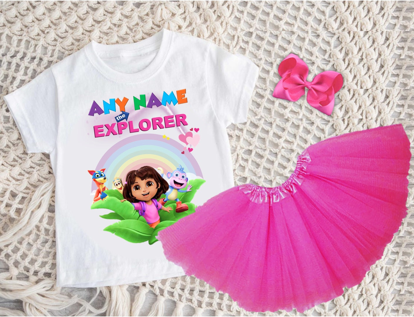 Dora the Explorer Tutu Set Girls Personalized Custom Hot Pink 3 Layer Tutu Outfit Dress Theme Cake Smash Party