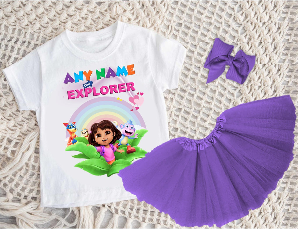 Dora the Explorer Tutu Set Girls Personalized Custom Purple 3 Layer Tutu Outfit Dress Theme Cake Smash Party