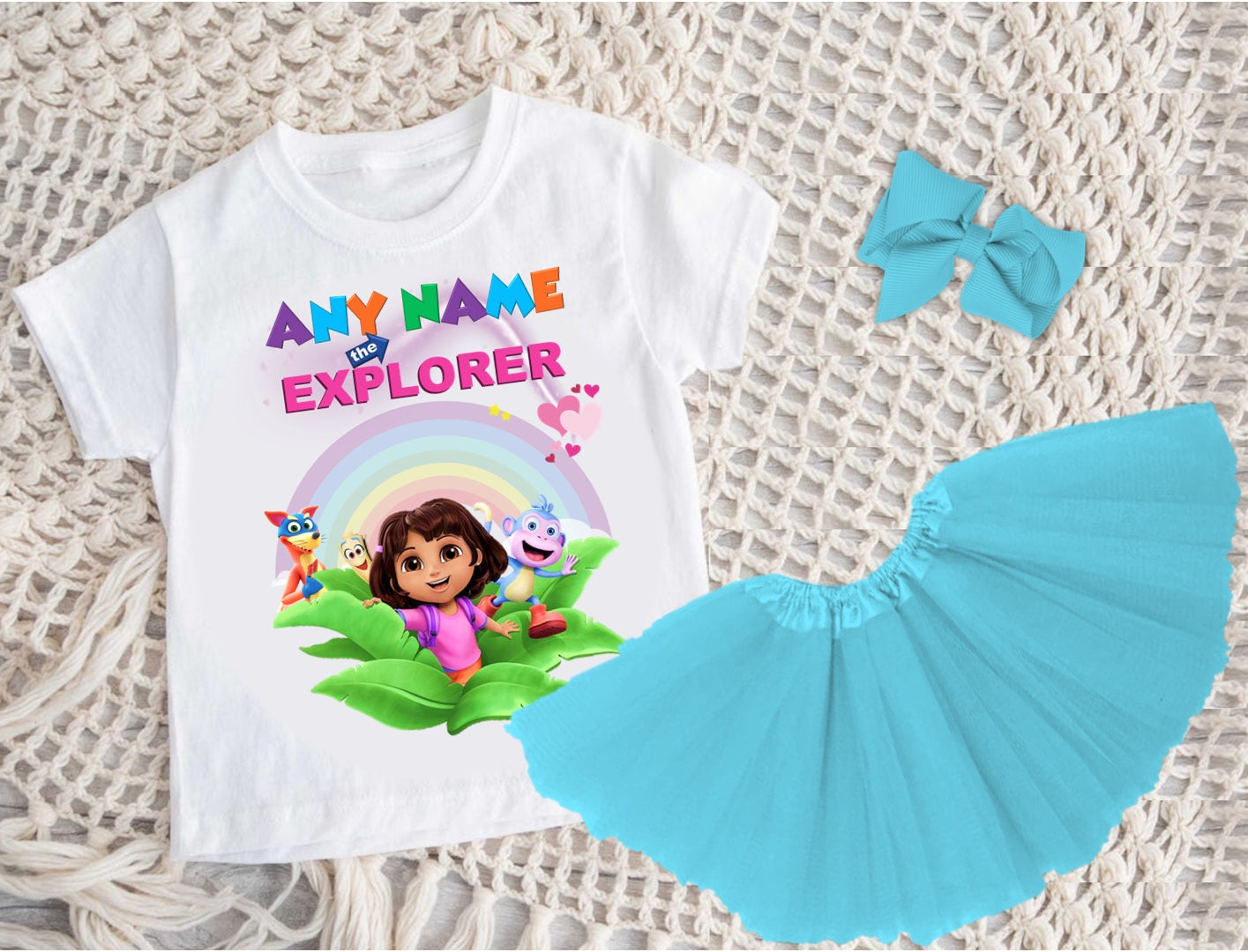 Dora the Explorer Tutu Set Girls Personalized Custom Blue 3 Layer Tutu Outfit Dress Theme Cake Smash Party