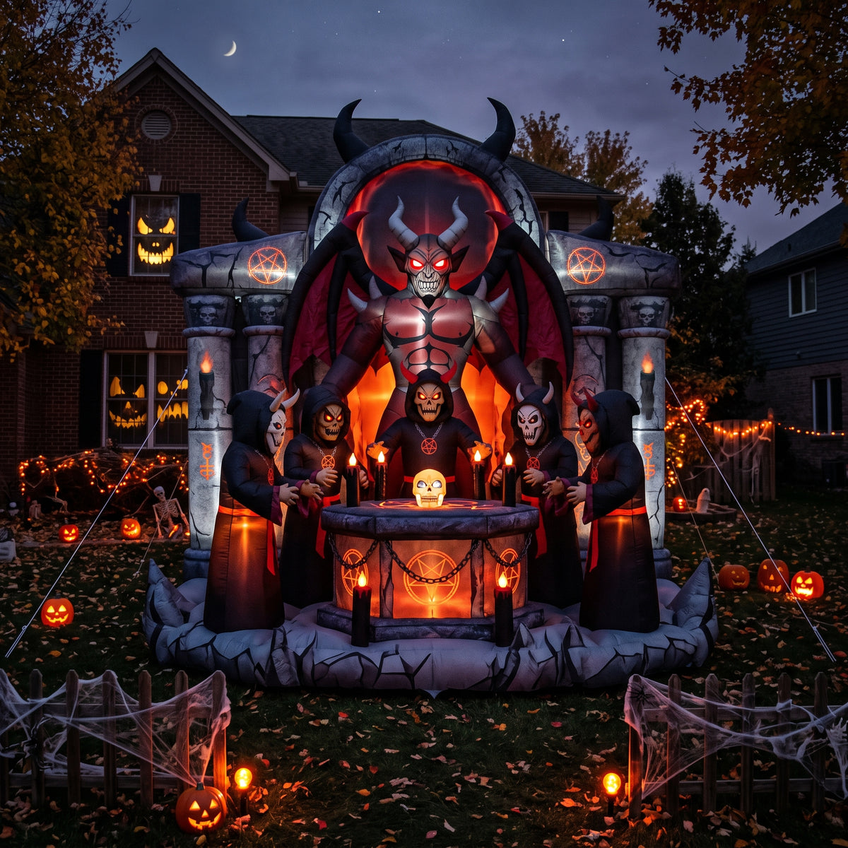 Massive 8-Foot-Tall Demonic Cult Compound Colossal Multi-Tiered Halloween Yard Inflatable Scene Decor Prop