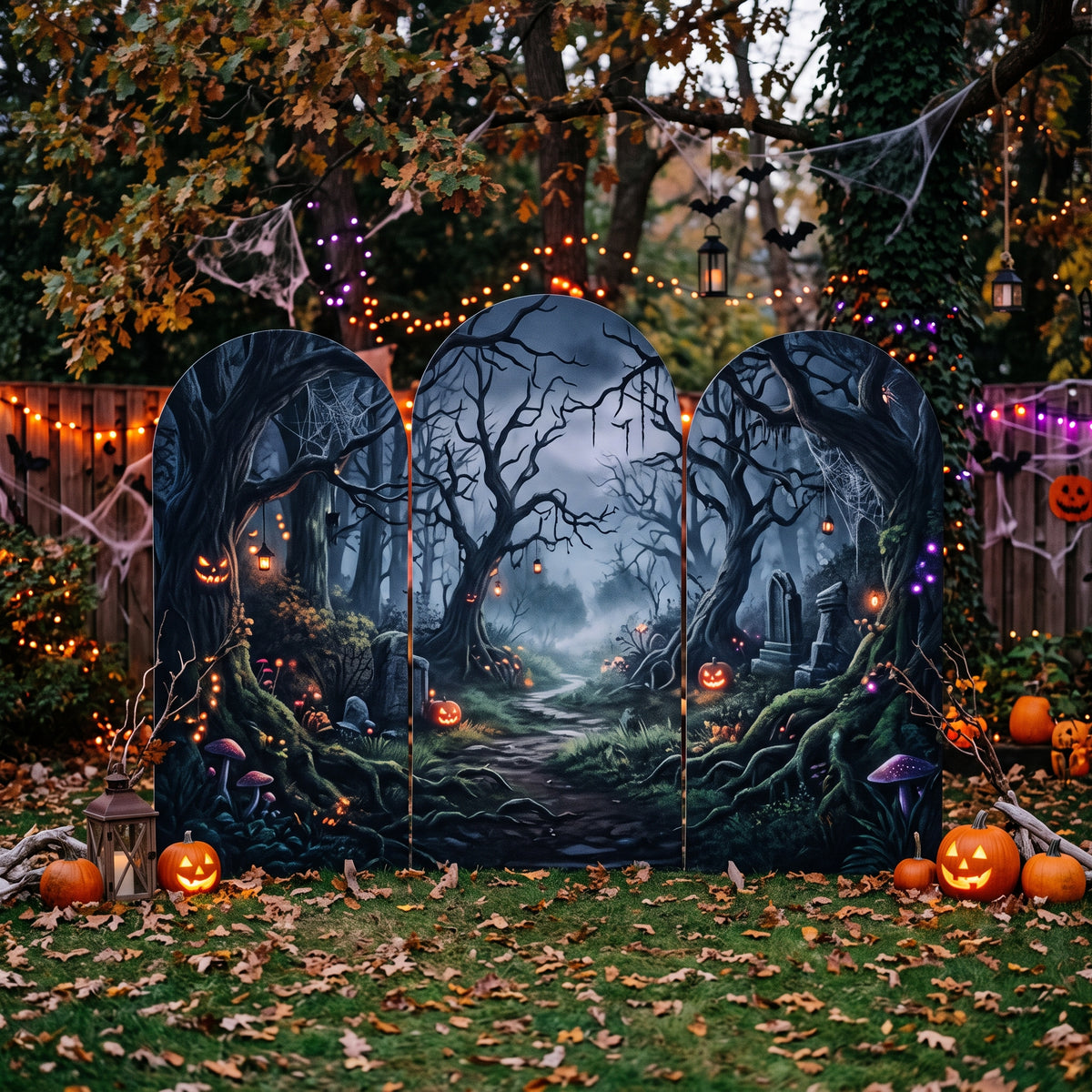 7.2ft Enchanted / Cursed Forest Theme Halloween Arch Fabric Backdrop Cover - Multi-Panel Event Backdrop Decor Prop