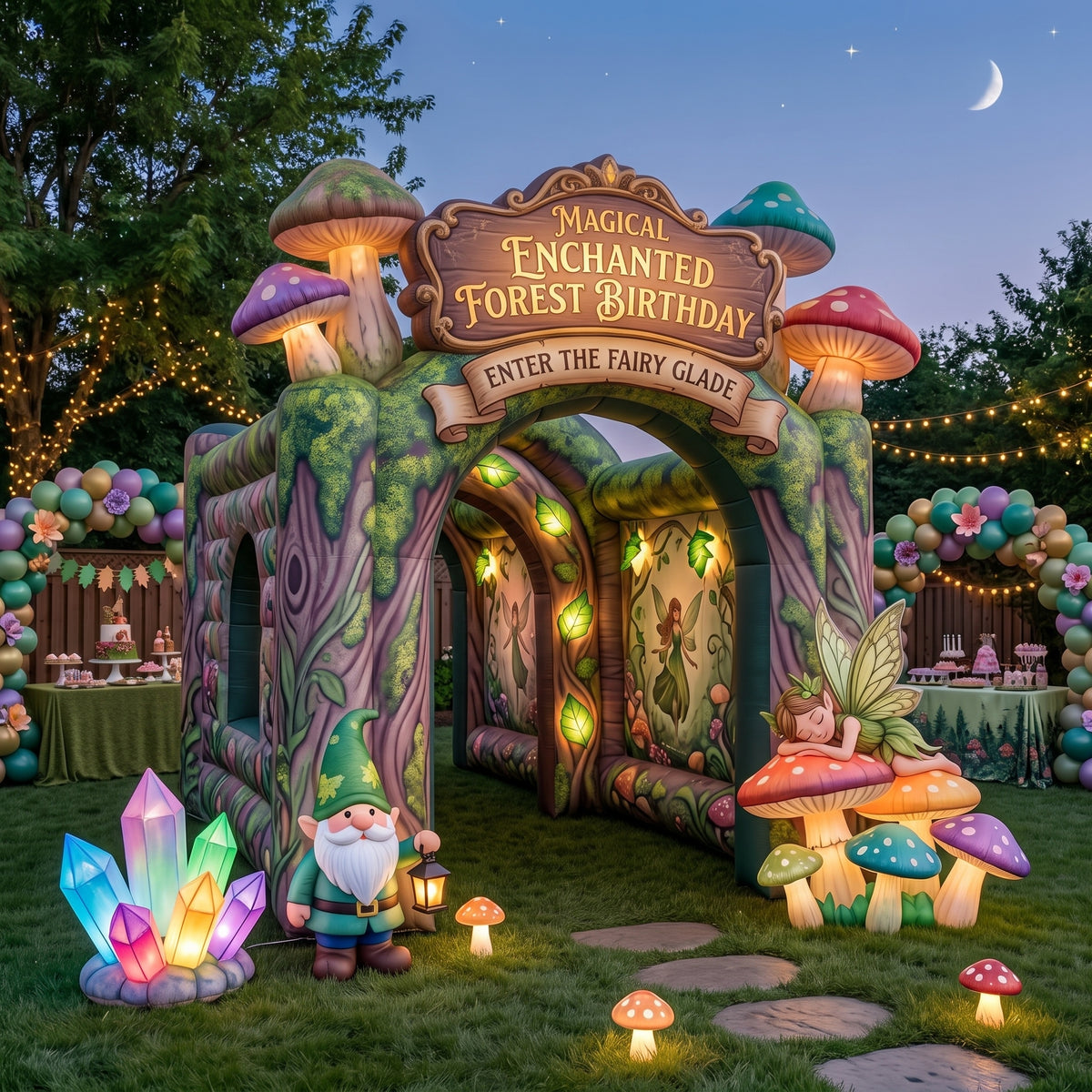 Enchanted Forest Fairy Theme Premium 10' x 10' Birthday House Inflatable Blow Up Walk-Through Archway Experience Decor Prop