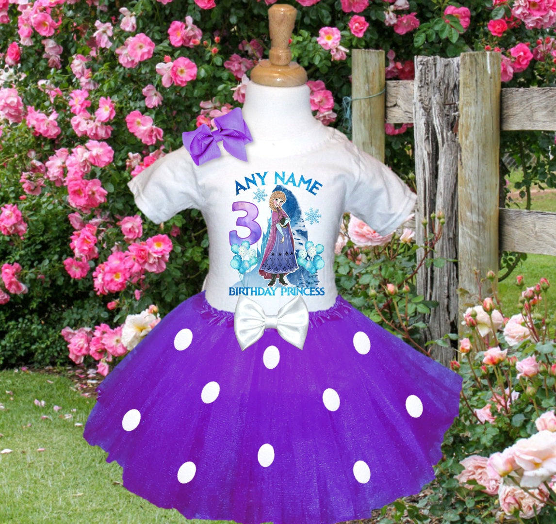 Frozen Princess Anna Tutu Set Girls Personalized Custom Purple White Polka Dots Tutu Outfit Dress Theme Cake Smash Birthday Party