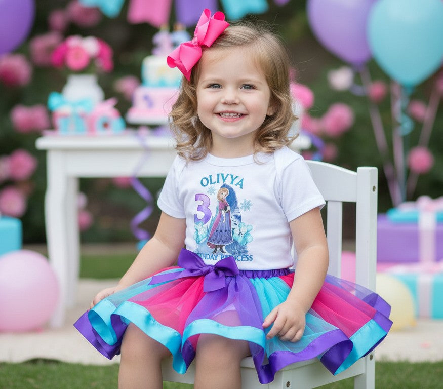 Frozen Princess Anna Tutu Set Girls Personalized Custom Hot Pink Blue Purple Ribbon Tutu Outfit Dress Theme Cake Smash Birthday Party