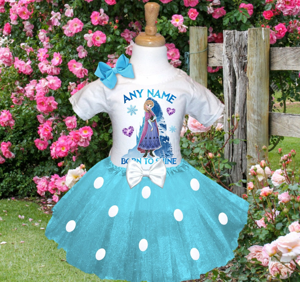 Frozen Princess Anna Tutu Set Girls Personalized Custom Blue White Polka Dots Tutu Outfit Dress Theme Cake Smash Party