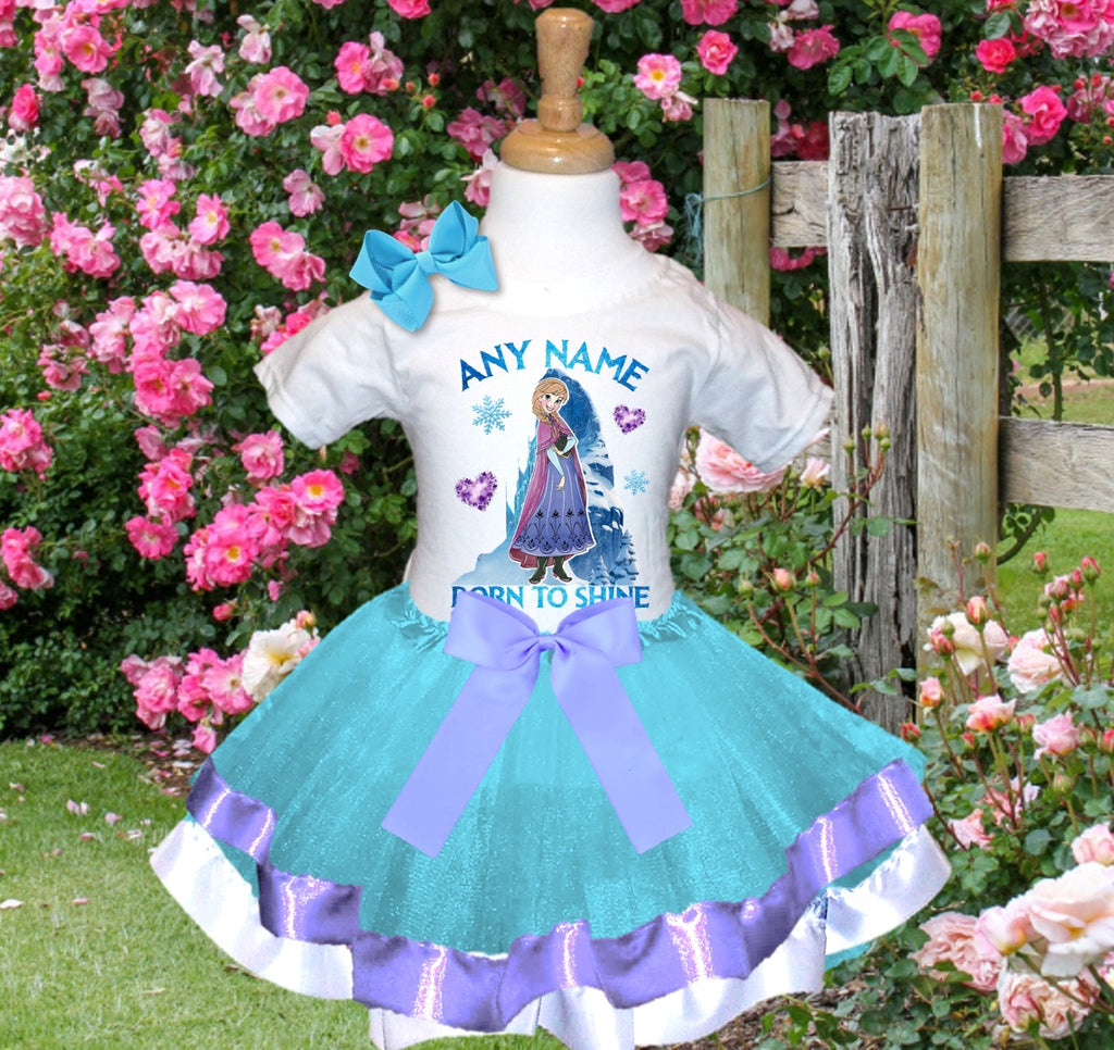 Frozen Princess Anna Tutu Set Girls Personalized Custom Blue Light Purple White Ribbon Trim Tutu Outfit Dress Theme Cake Smash Party