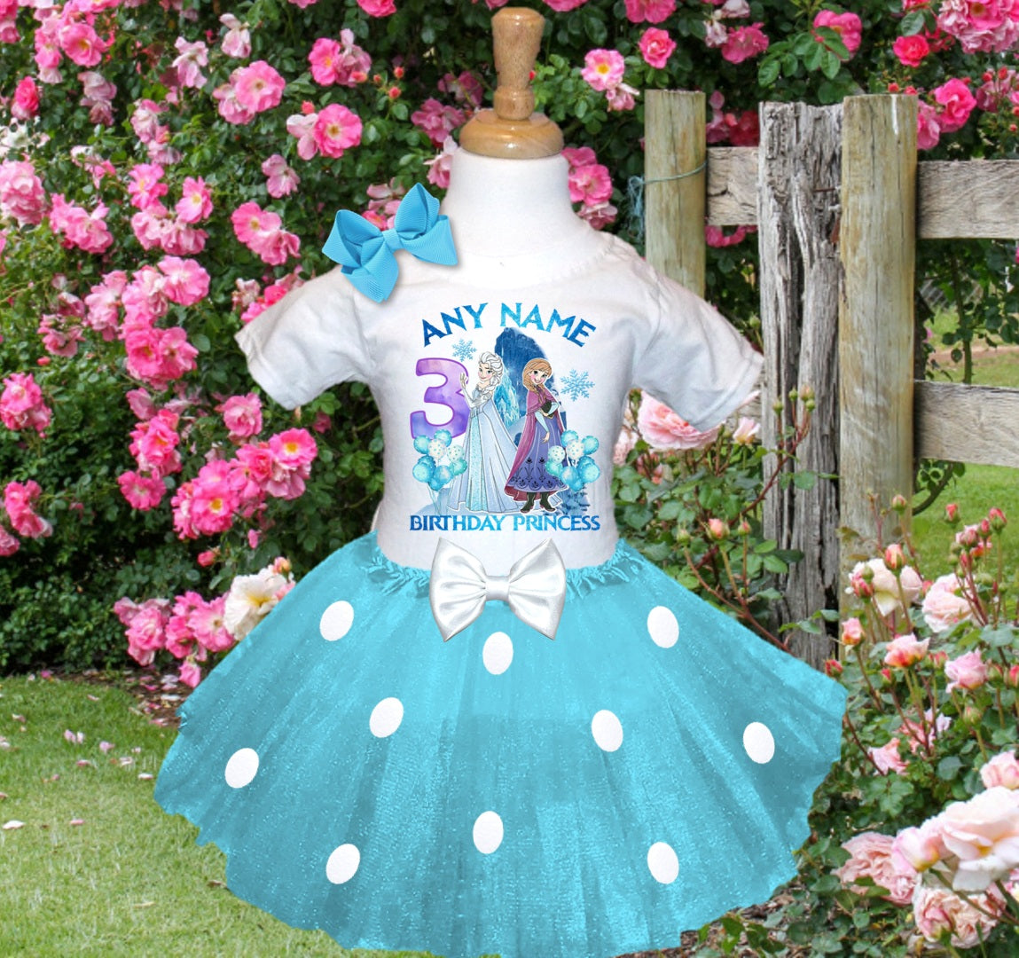 Frozen Princess Anna Elsa Tutu Set Girls Personalized Custom Blue White Polka Dots Tutu Outfit Dress Theme Cake Smash Birthday Party