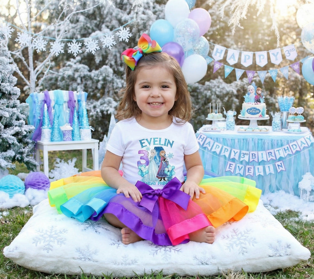Frozen Princess Anna Elsa Tutu Set Girls Personalized Custom Rainbow Ribbon Tutu Outfit Dress Theme Cake Smash Birthday Party