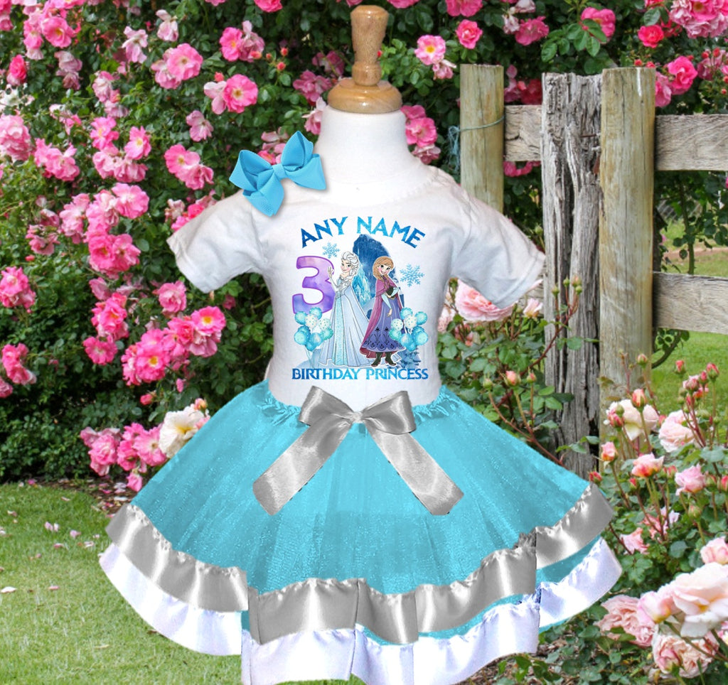 Frozen Princess Anna Elsa Tutu Set Girls Personalized Custom Blue Silver White Ribbon Trim Tutu Outfit Dress Theme Cake Smash Birthday Party