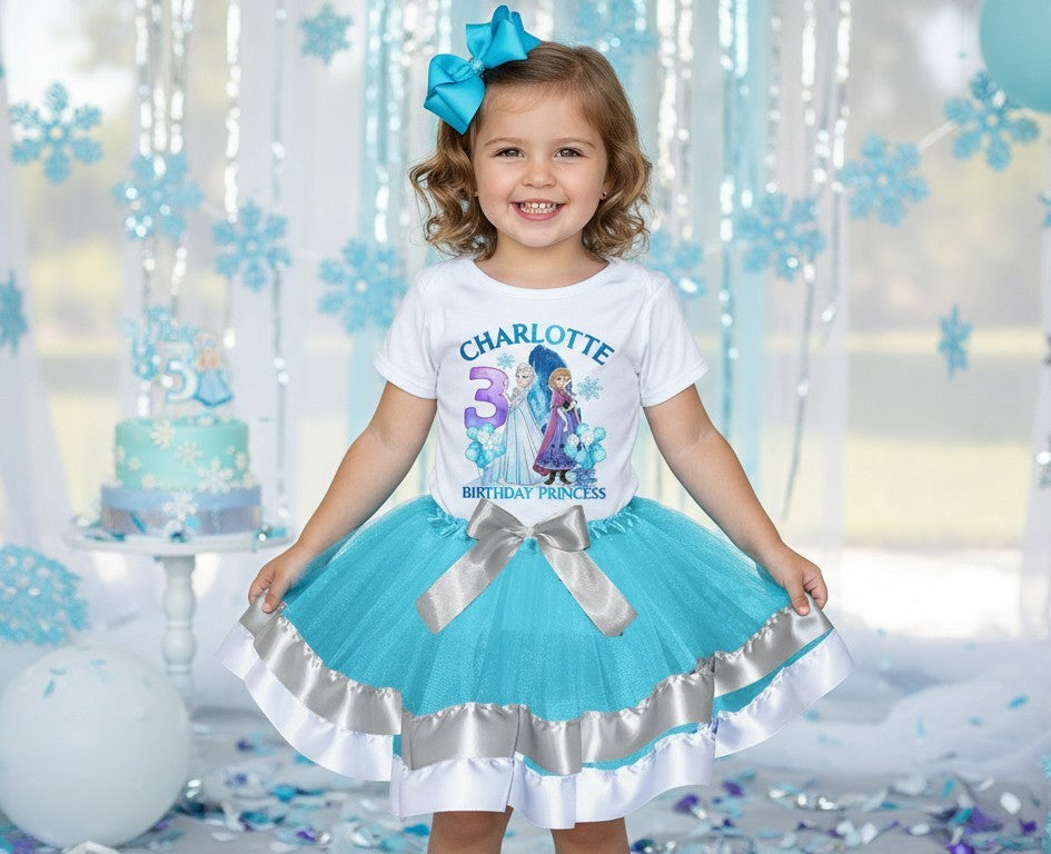 Frozen Princess Anna Elsa Tutu Set Girls Personalized Custom Blue Silver White Ribbon Trim Tutu Outfit Dress Theme Cake Smash Birthday Party
