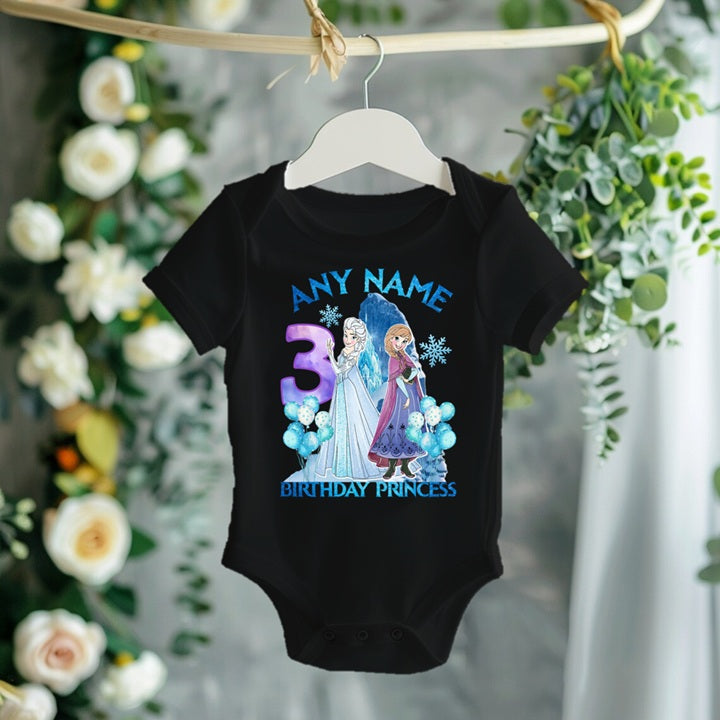 Frozen Princess Anna Elsa Personalized Custom Black T-Shirt or Onesie Theme Cake Smash Birthday Party