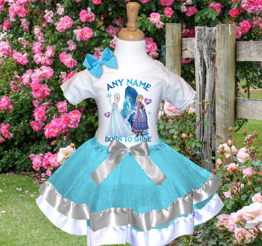 Frozen Princess Anna Elsa Tutu Set Girls Personalized Custom Blue Silver White Ribbon Trim Tutu Outfit Dress Theme Cake Smash Party
