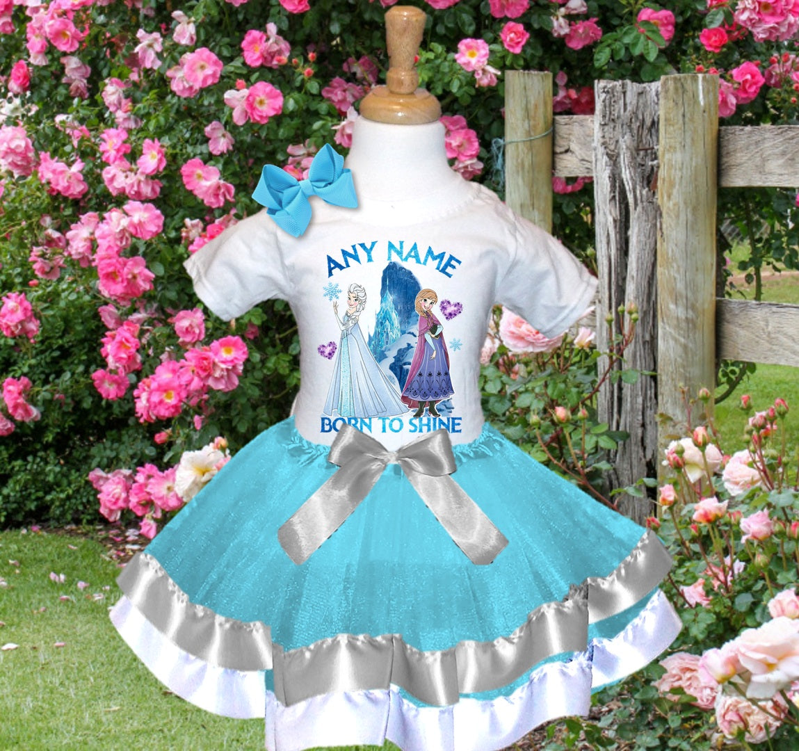 Frozen Princess Anna Elsa Tutu Set Girls Personalized Custom Blue Silver White Ribbon Trim Tutu Outfit Dress Theme Cake Smash Party