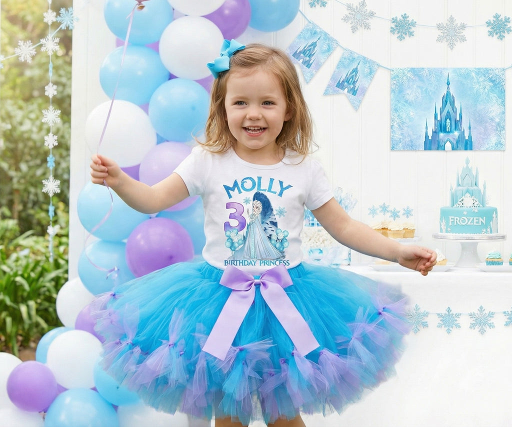 Frozen Princess Elsa Tutu Set Girls Personalized Custom Blue Light Purple Knots Tutu Outfit Dress Theme Cake Smash Birthday Party