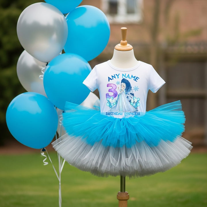 Frozen Princess Elsa Tutu Set Girls Personalized Custom Blue Silver Tutu Outfit Dress Theme Cake Smash Birthday Party