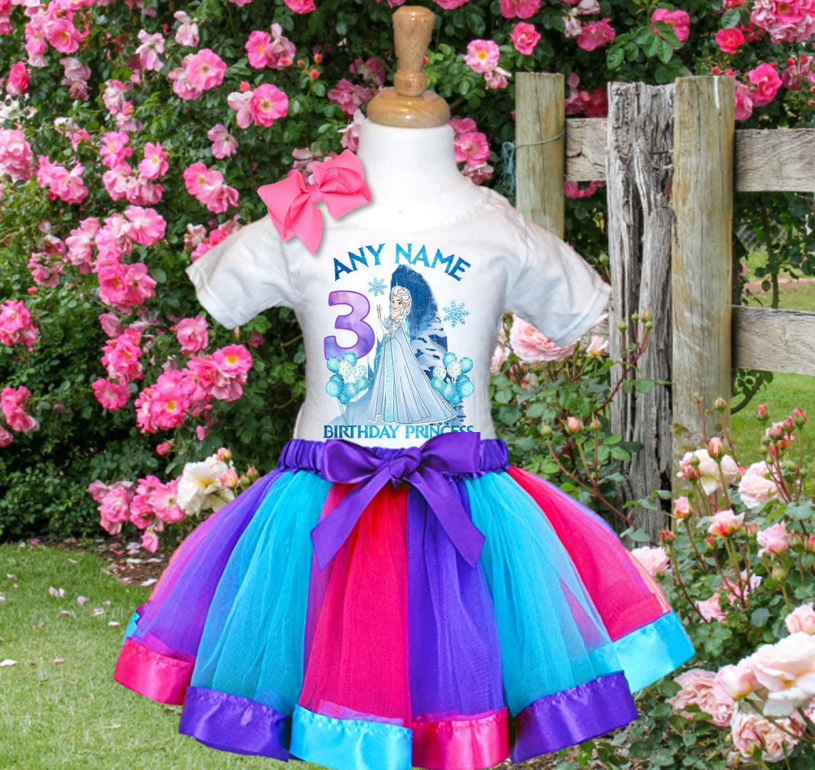 Frozen Princess Elsa Tutu Set Girls Personalized Custom Hot Pink Blue Purple Ribbon Tutu Outfit Dress Theme Cake Smash Birthday Party