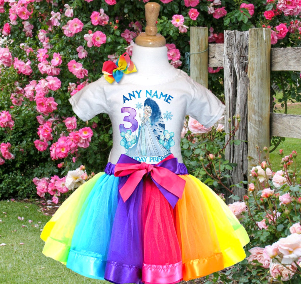 Frozen Princess Elsa Tutu Set Girls Personalized Custom Rainbow Ribbon Tutu Outfit Dress Theme Cake Smash Birthday Party