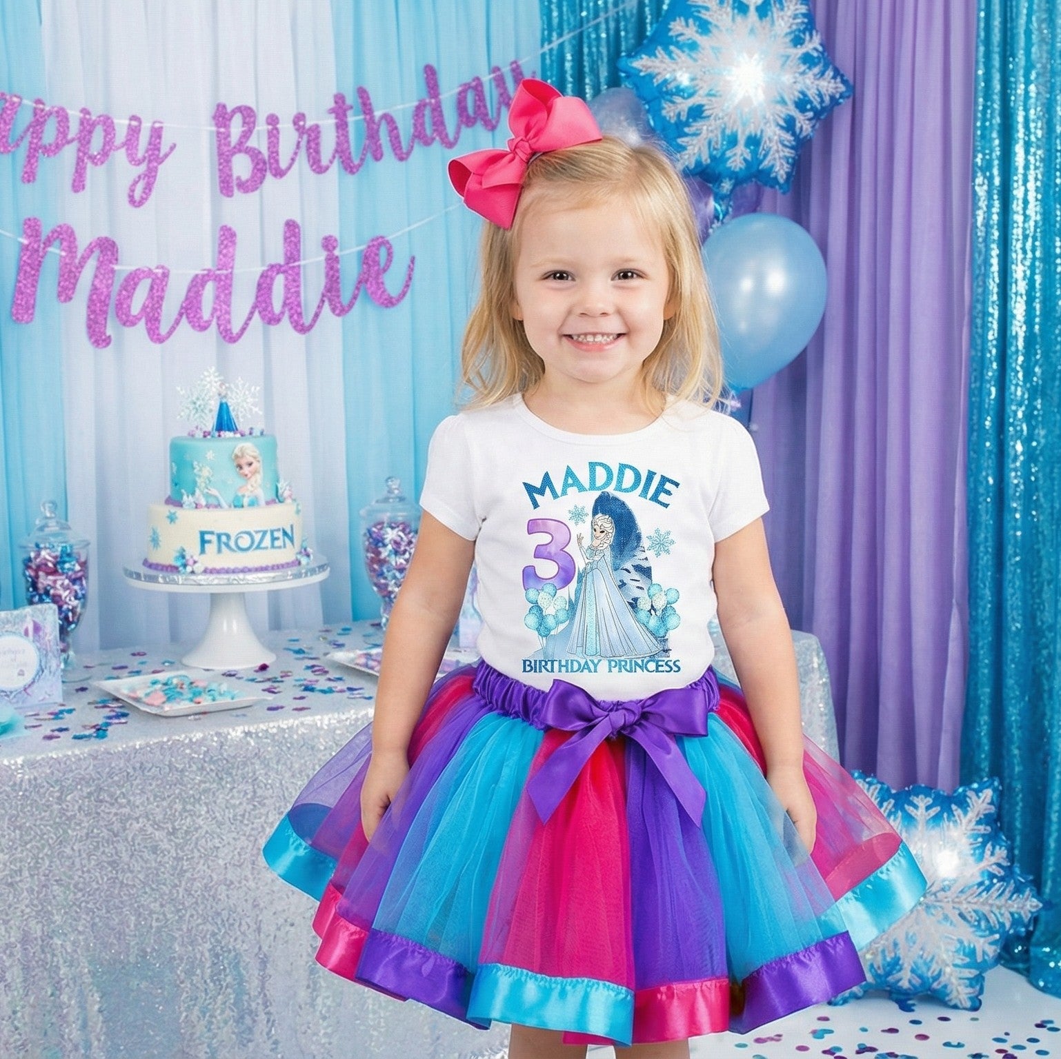 Frozen Princess Elsa Tutu Set Girls Personalized Custom Hot Pink Blue Purple Ribbon Tutu Outfit Dress Theme Cake Smash Birthday Party