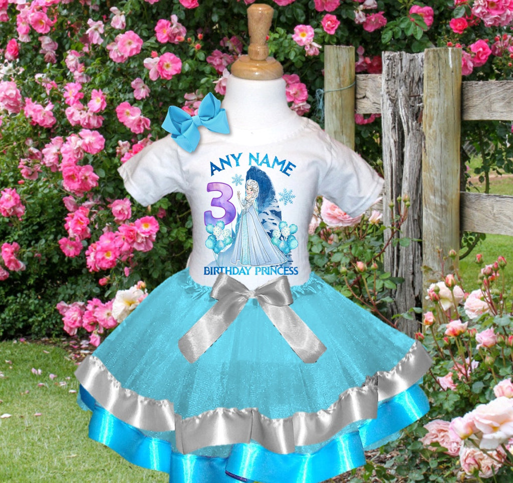 Frozen Princess Elsa Tutu Set Girls Personalized Custom Blue Silver Blue Ribbon Trim Tutu Outfit Dress Theme Cake Smash Birthday Party