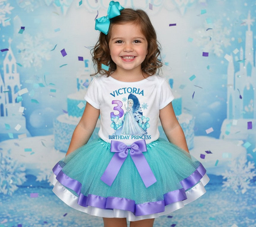 Frozen Princess Elsa Tutu Set Girls Personalized Custom Blue Light Purple White Ribbon Trim Tutu Outfit Dress Theme Cake Smash Birthday Party