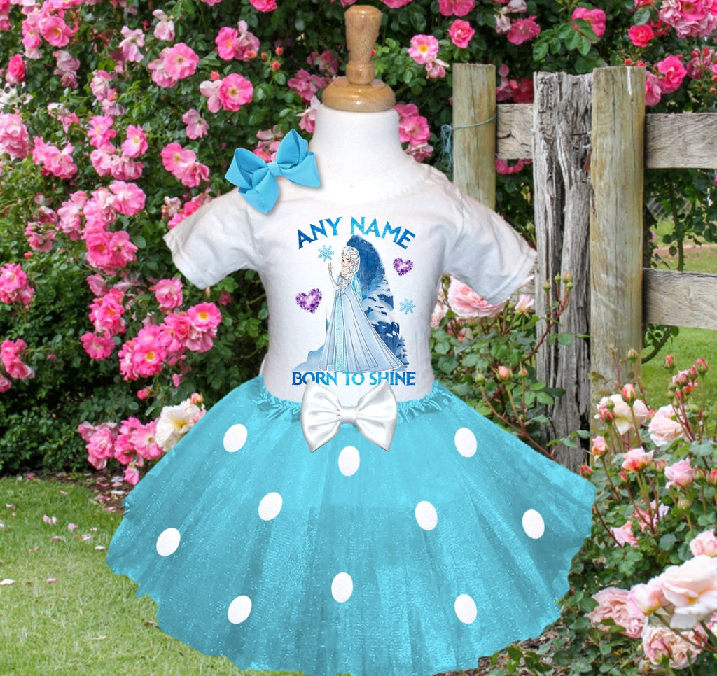 Frozen Princess Elsa Tutu Set Girls Personalized Custom Blue White Polka Dots Tutu Outfit Dress Theme Cake Smash Party