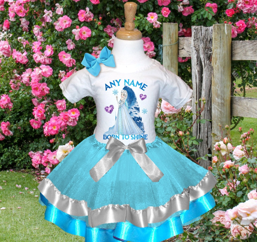 Frozen Princess Elsa Tutu Set Girls Personalized Custom Blue Silver Blue Ribbon Trim Tutu Outfit Dress Theme Cake Smash Party