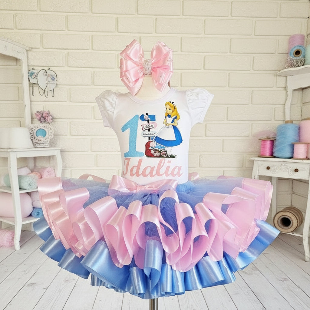 Alice in Wonderland Cat Tutu Set Girls Personalized Custom Pink Blue Ribbon Sewn Trim Tutu Outfit Dress Theme Cake Smash Birthday Party