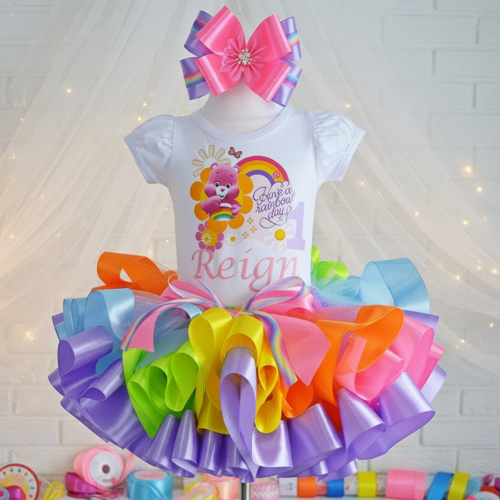 Cheer Bear Care Bears Tutu Set Girls Personalized Custom Rainbow Purple Ribbon Sewn Trim Tutu Outfit Dress Theme Cake Smash Birthday Party