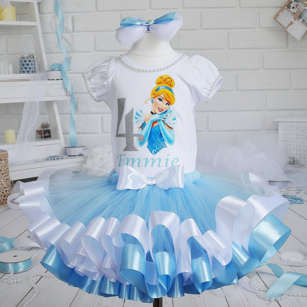 Cinderella Princess Tutu Set Girls Personalized Custom White Blue Ribbon Sewn Trim Tutu Outfit Dress Theme Cake Smash Birthday Party