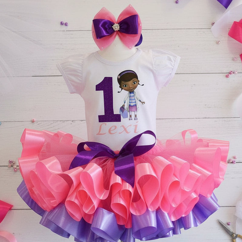 Doc McStuffins Doctor Tutu Set Girls Personalized Custom Purple Pink Ribbon Sewn Trim Tutu Outfit Dress Theme Cake Smash Birthday Party