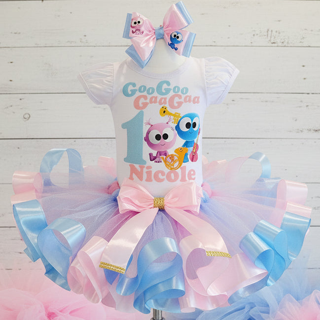 GooGoo GaaGaa Tutu Set Girls Personalized Custom Blue Pink Ribbon Sewn Trim Tutu Outfit Dress Theme Cake Smash Birthday Party