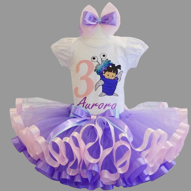 Monsters Inc Boo Tutu Set Girls Personalized Custom Pink Purple Ribbon Sewn Trim Tutu Outfit Dress Theme Cake Smash Birthday Party