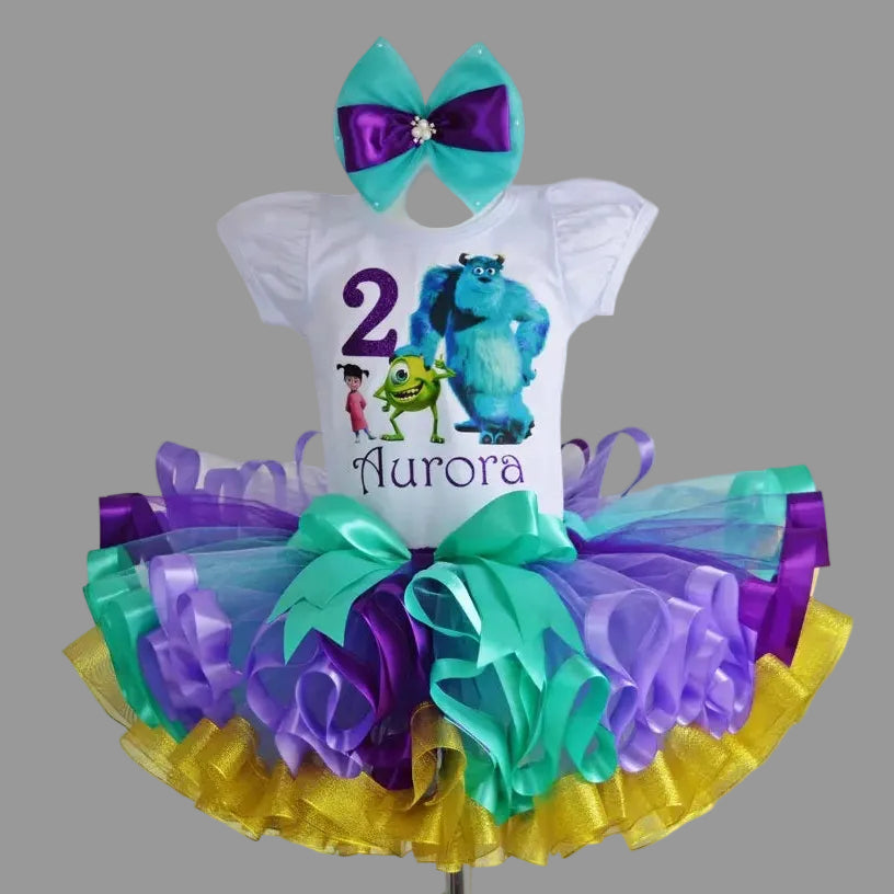 Monsters Inc Boo Mike Sulley Tutu Set Girls Personalized Custom Purple Green Yellow Ribbon Sewn Trim Tutu Outfit Dress Theme Cake Smash Birthday Party