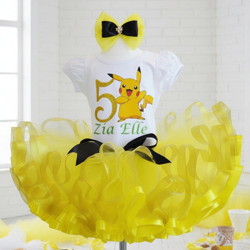 Pokemon Pikachu Tutu Set Girls Personalized Custom Yellow Black Ribbon Sewn Trim Tutu Outfit Dress Theme Cake Smash Birthday Party