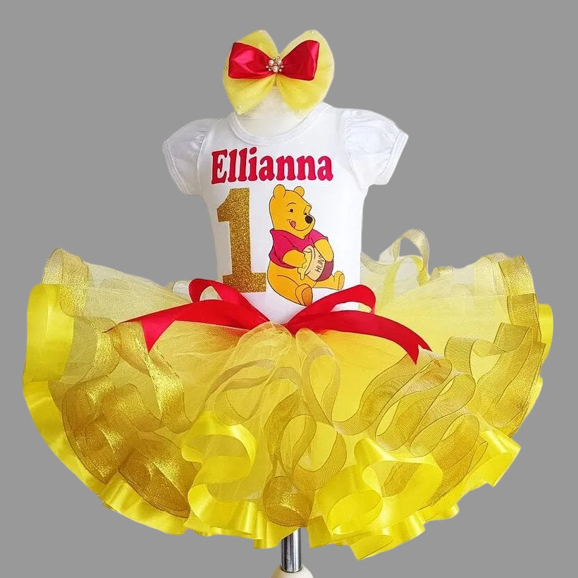 Pooh Bear Tutu Set Girls Personalized Custom Yellow Red Ribbon Sewn Trim Tutu Outfit Dress Theme Cake Smash Birthday Party