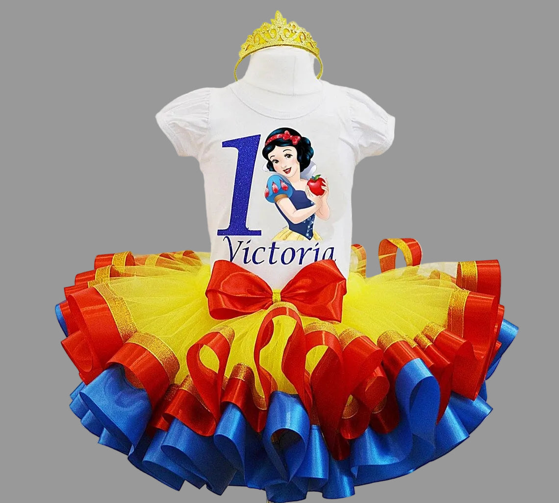 Snow White Princess Tutu Set Girls Personalized Custom Red Yellow Blue Ribbon Sewn Trim Tutu Outfit Dress Theme Cake Smash Birthday Party