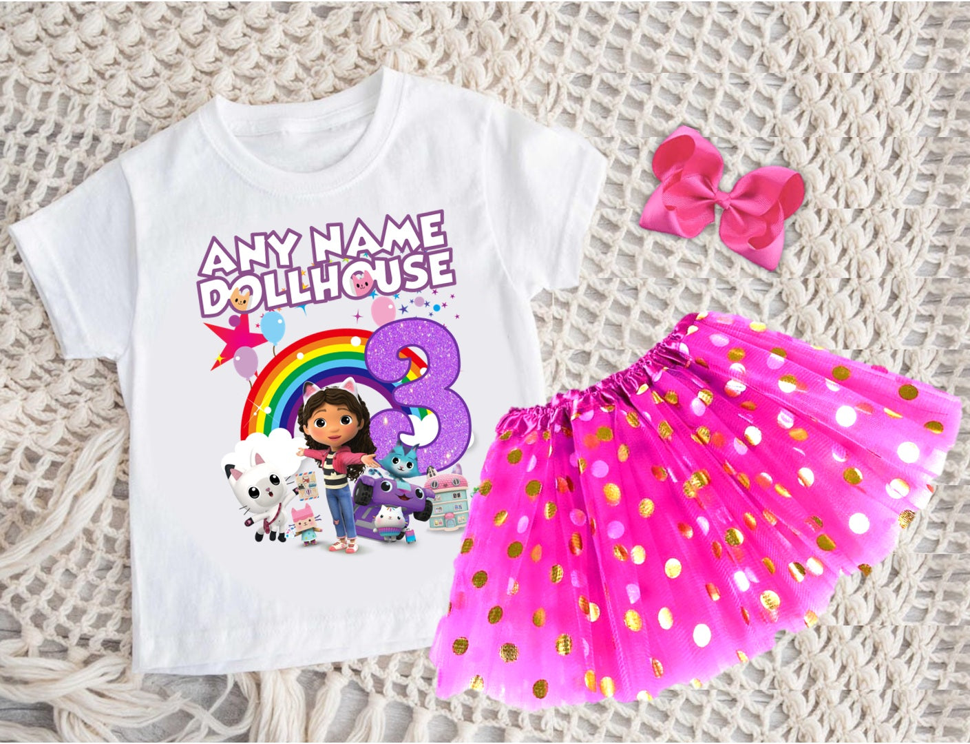 Gabby's Dollhouse Kitties Tutu Set Girls Personalized Custom Hot Pink Gold Polka Dots Tutu Outfit Dress Theme Cake Smash Birthday Party