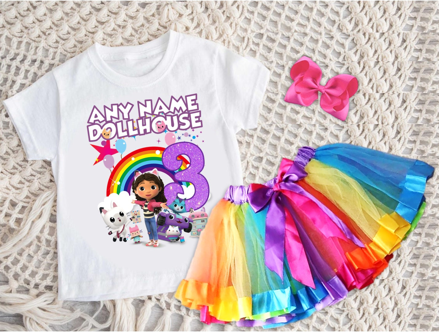 Gabby's Dollhouse Kitties Tutu Set Girls Personalized Custom Rainbow Ribbon Tutu Outfit Dress Theme Cake Smash Birthday Party
