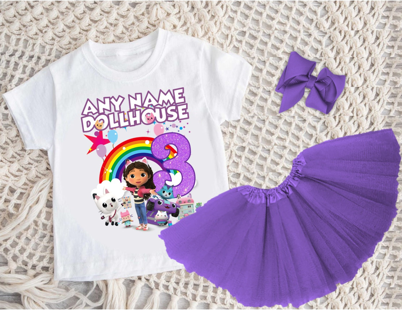 Gabby's Dollhouse Kitties Tutu Set Girls Personalized Custom Purple 3 Layer Tutu Outfit Dress Theme Cake Smash Birthday Party