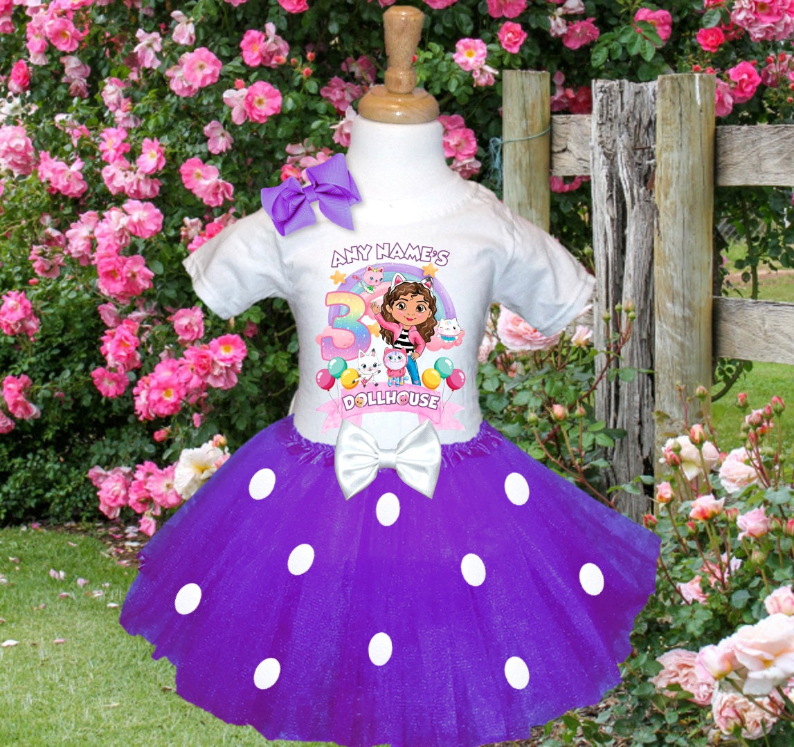 Gabby's Dollhouse Tutu Set Girls Personalized Custom Purple White Polka Dots Tutu Outfit Dress Theme Cake Smash Birthday Party