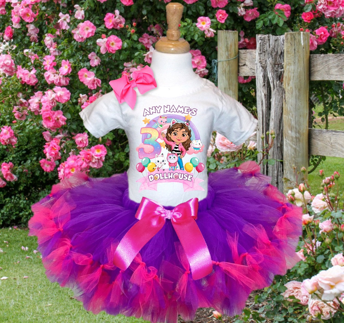 Gabby's Dollhouse Tutu Set Girls Personalized Custom Purple Hot Pink Knots Tutu Outfit Dress Theme Cake Smash Birthday Party